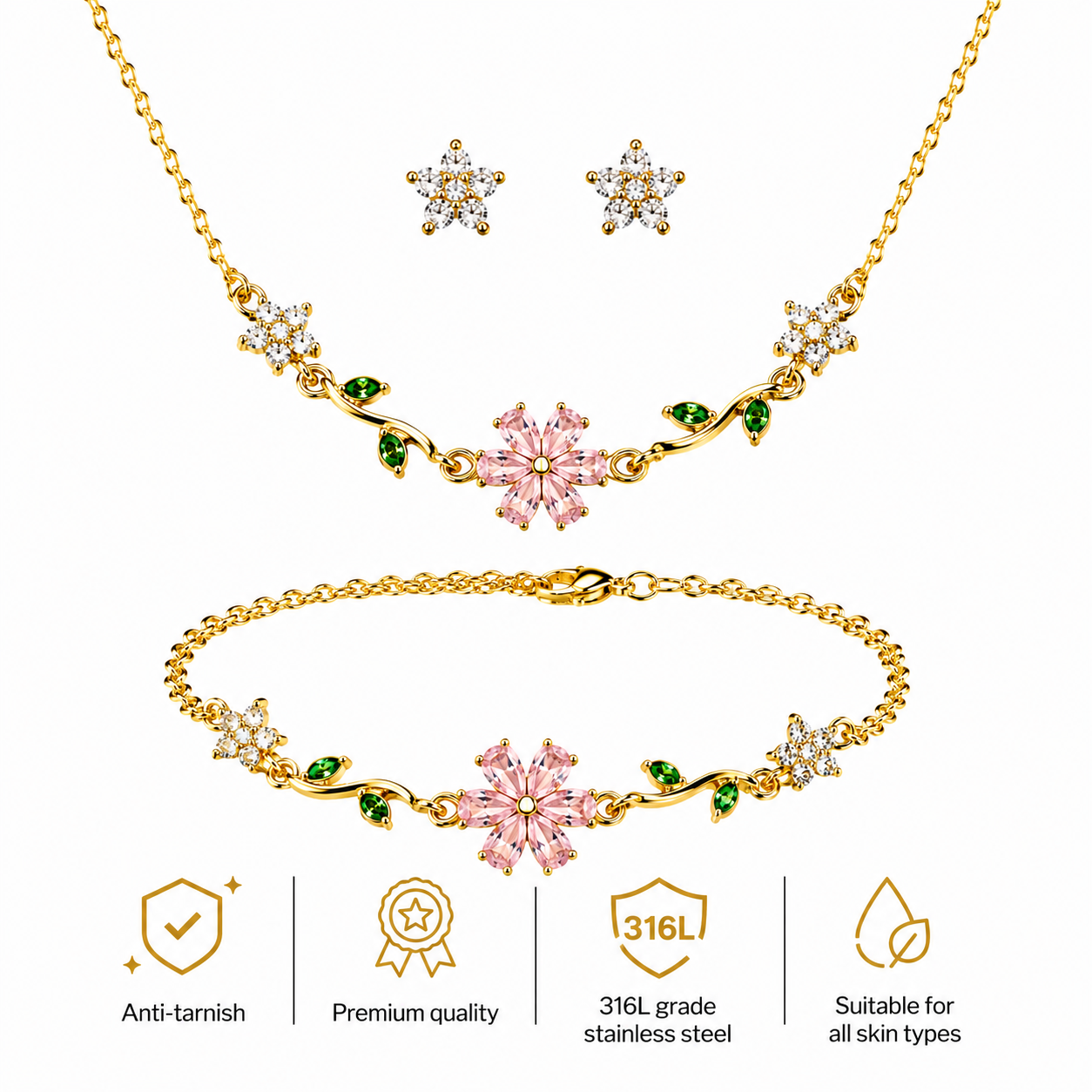 Swarique Bloom Floral Jewellery Set | Pink Crystal Necklace, Bracelet & Stud Earrings | Gold Finish
