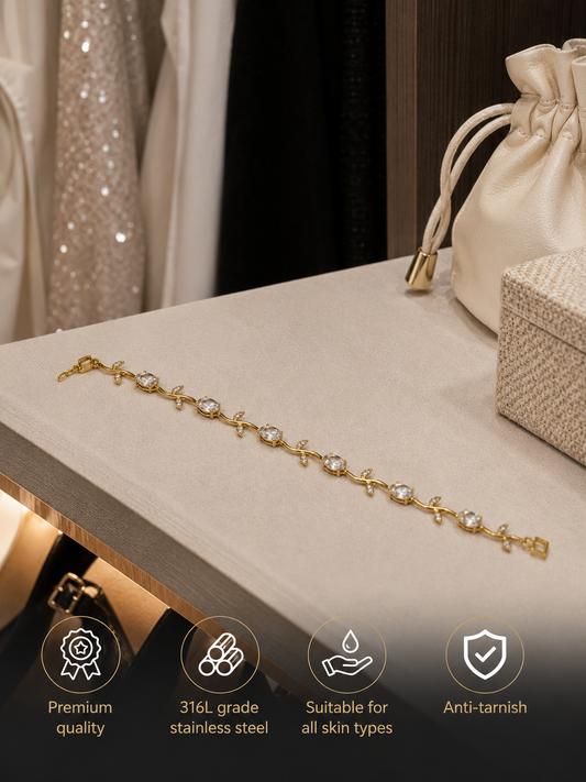 Swarique Chandrika Tulip Bracelet | Crystal Leaf Gold Bracelet | Anti-Tarnish 316L Stainless Steel