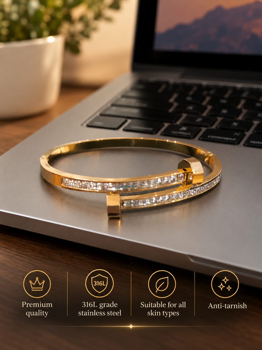 Swarique Crystal Nail Gold Kada – 316L Stainless Steel Bracelet