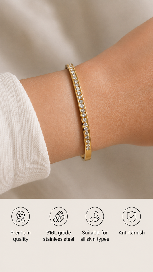 Swarique Sunehri Spark Crystal Kada | Gold Stainless Steel Bracelet | Anti-Tarnish 316L
