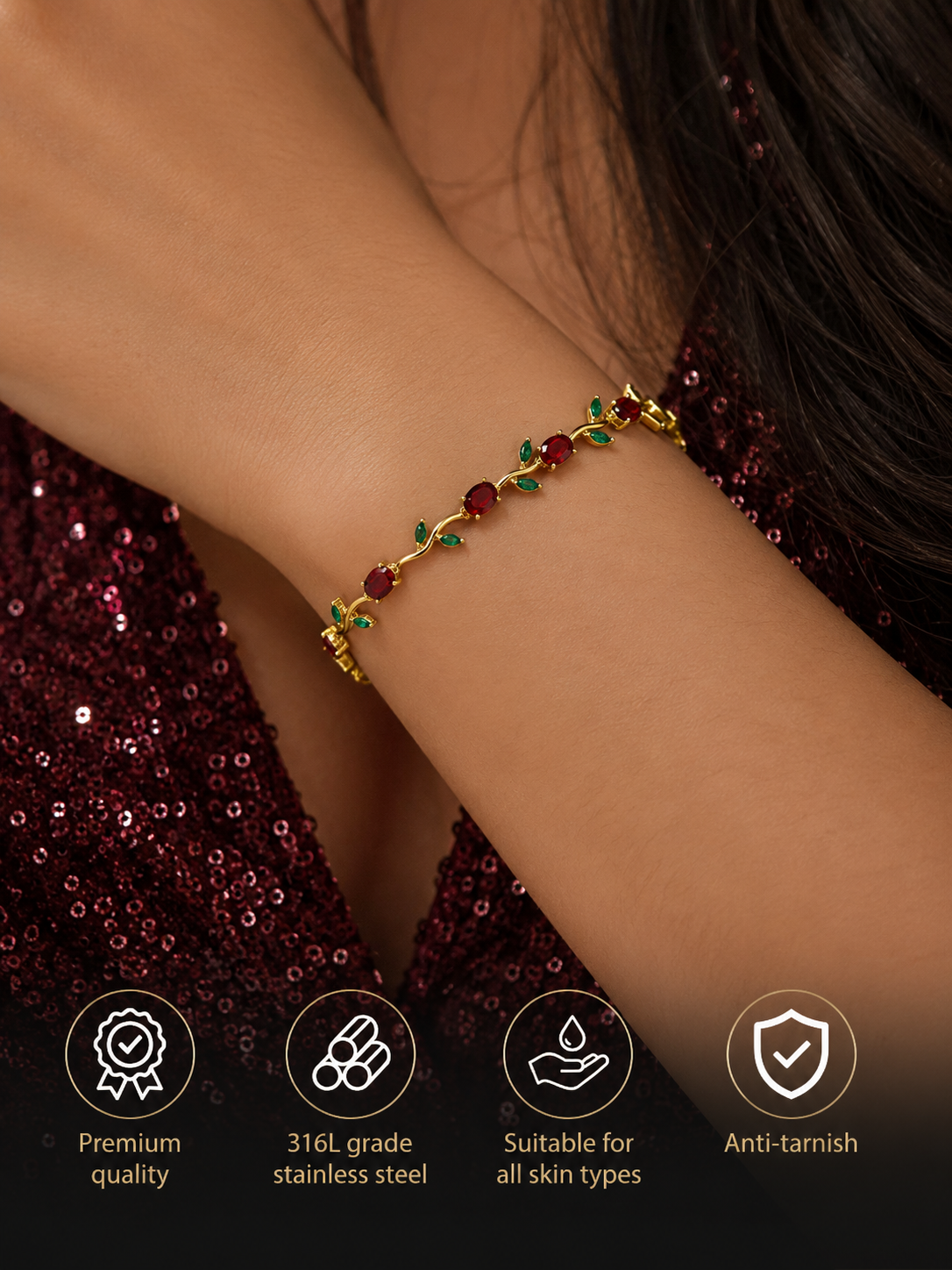 Swarique Ruby Red Crystal & Emerald Leaf Tulip Bracelet | Anti-Tarnish 316L Stainless Stee