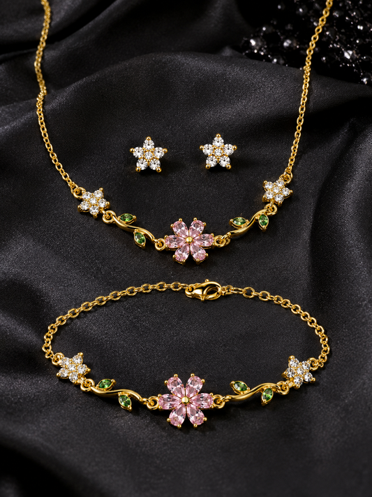 Swarique Bloom Floral Jewellery Set | Pink Crystal Necklace, Bracelet & Stud Earrings | Gold Finish