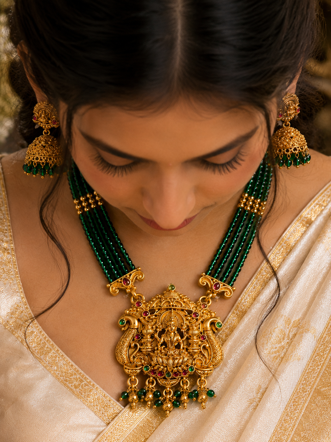 Mahalakshmi Temple Green Beaded Necklace Set