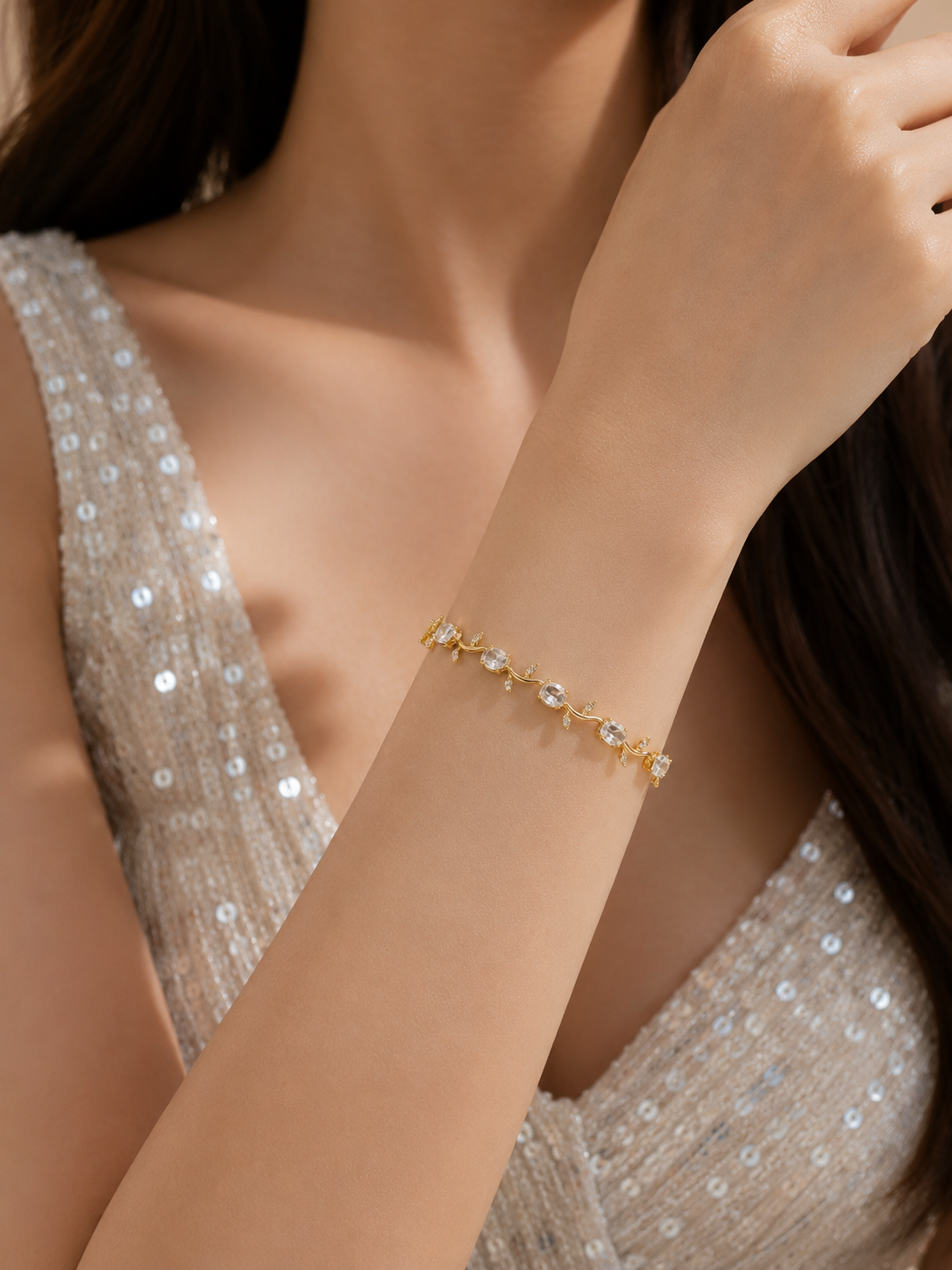 Swarique Chandrika Tulip Bracelet | Crystal Leaf Gold Bracelet | Anti-Tarnish 316L Stainless Steel