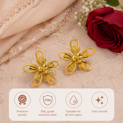 Swarique Pushpanjali Bloom Stud Earrings | Gold Floral Stainless Steel Earrings | Anti-Tarnish 316L