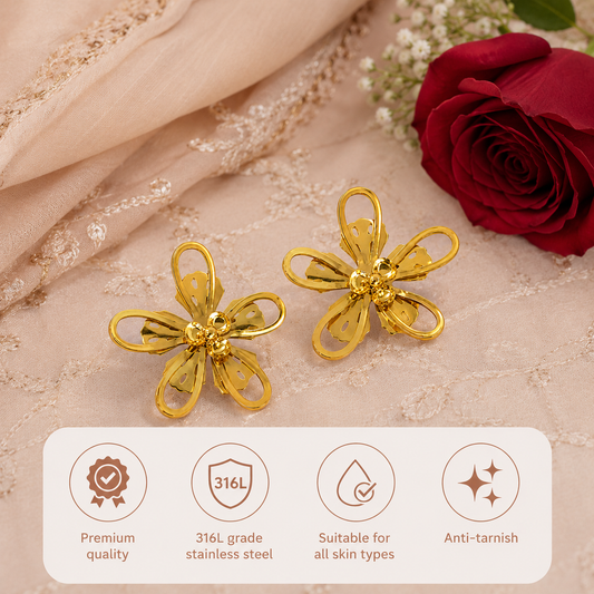 Swarique Pushpanjali Bloom Stud Earrings | Gold Floral Stainless Steel Earrings | Anti-Tarnish 316L