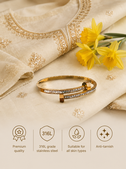 Swarique Crystal Nail Gold Kada – 316L Stainless Steel Bracelet