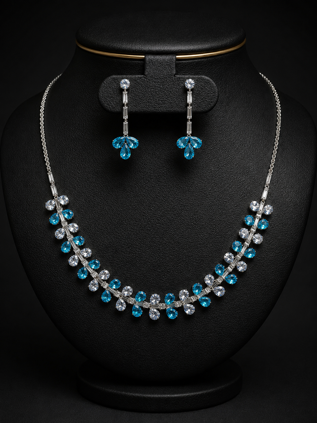 Azure Cascade Crystal Jewellery Set | Blue & White Crystal Necklace with Drop Earrings | Silver Finish