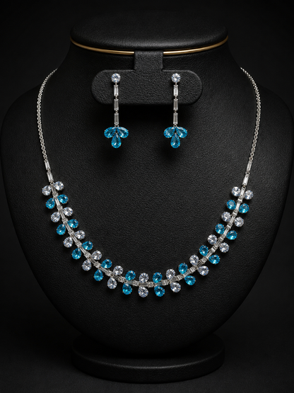 Azure Cascade Crystal Jewellery Set | Blue & White Crystal Necklace with Drop Earrings | Silver Finish