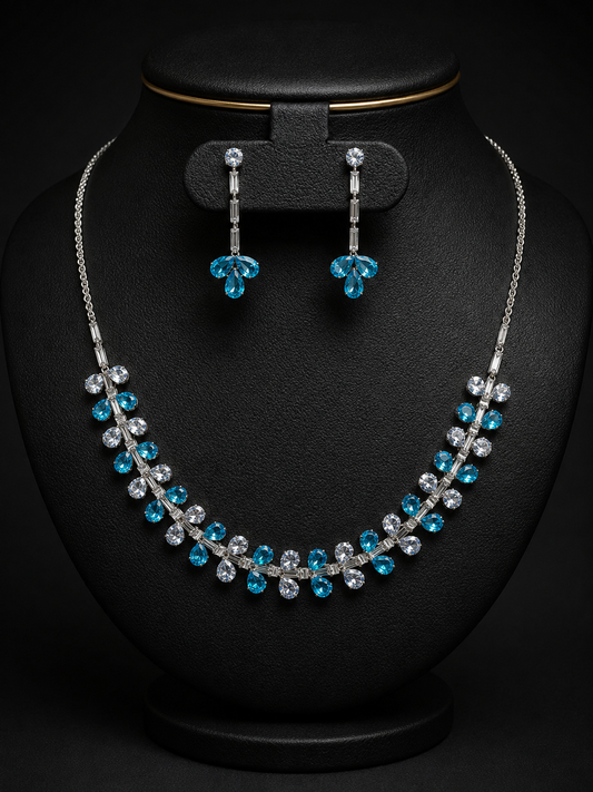 Azure Cascade Crystal Jewellery Set | Blue & White Crystal Necklace with Drop Earrings | Silver Finish