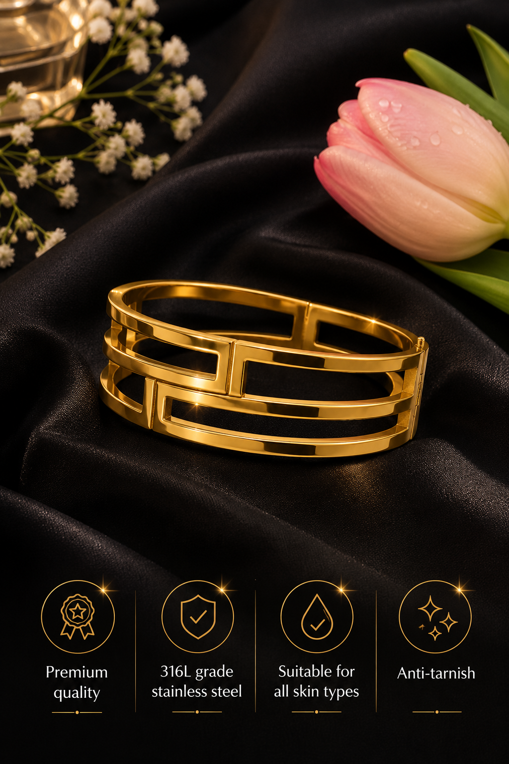 Swarique Rajsi Horizon Gold Cuff Bracelet – 316L Stainless Steel