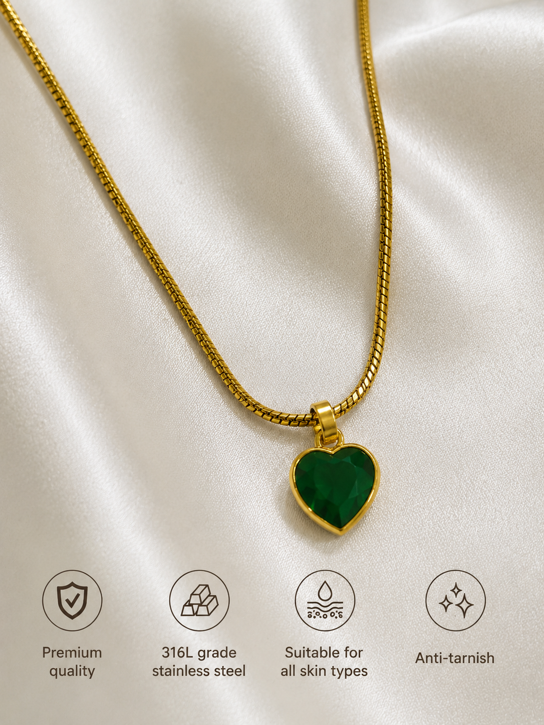 Swarique Hriday Emerald Heart Pendant Necklace | Gold Stainless Steel Anti-Tarnish Chain