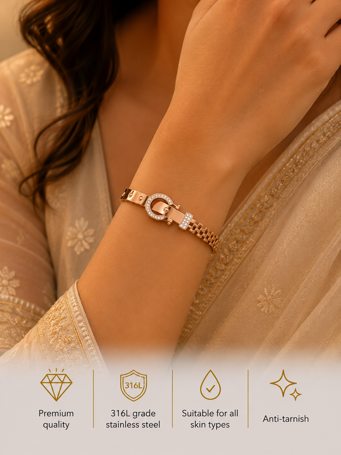 Swarique Gulnaaz Crystal Buckle Bracelet – Rose Gold Plated | 316L Stainless Steel