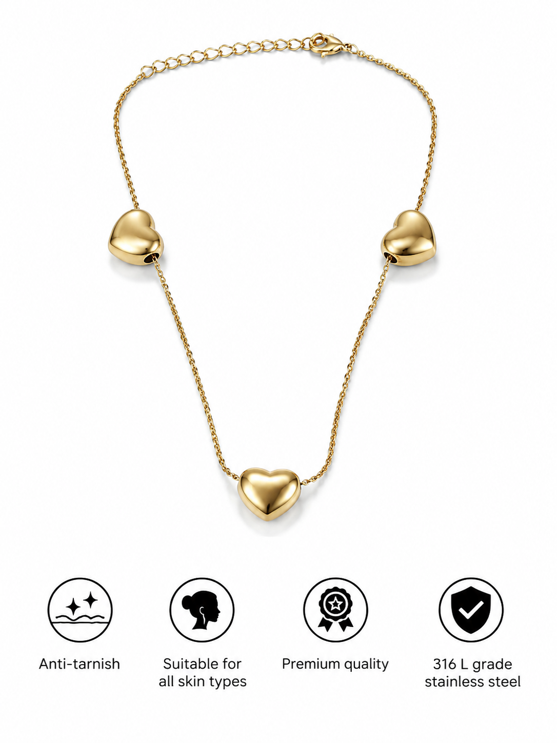 Amora Triple Heart Gold Anklet | 316L Stainless Steel Anti-Tarnish Adjustable Anklet for Women