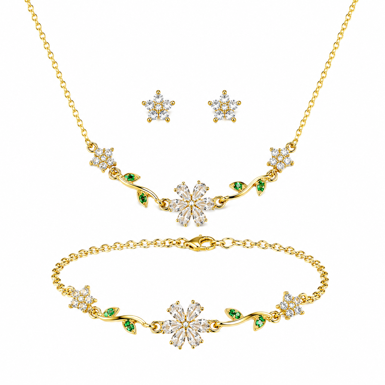 Swarique Bloom Floral Jewellery Set | White Crystal Necklace, Bracelet & Stud Earrings | Gold Finish