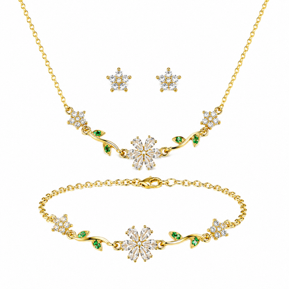Swarique Bloom Floral Jewellery Set | White Crystal Necklace, Bracelet & Stud Earrings | Gold Finish