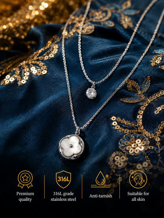Swarique Silver Moti Bloom Layered Necklace