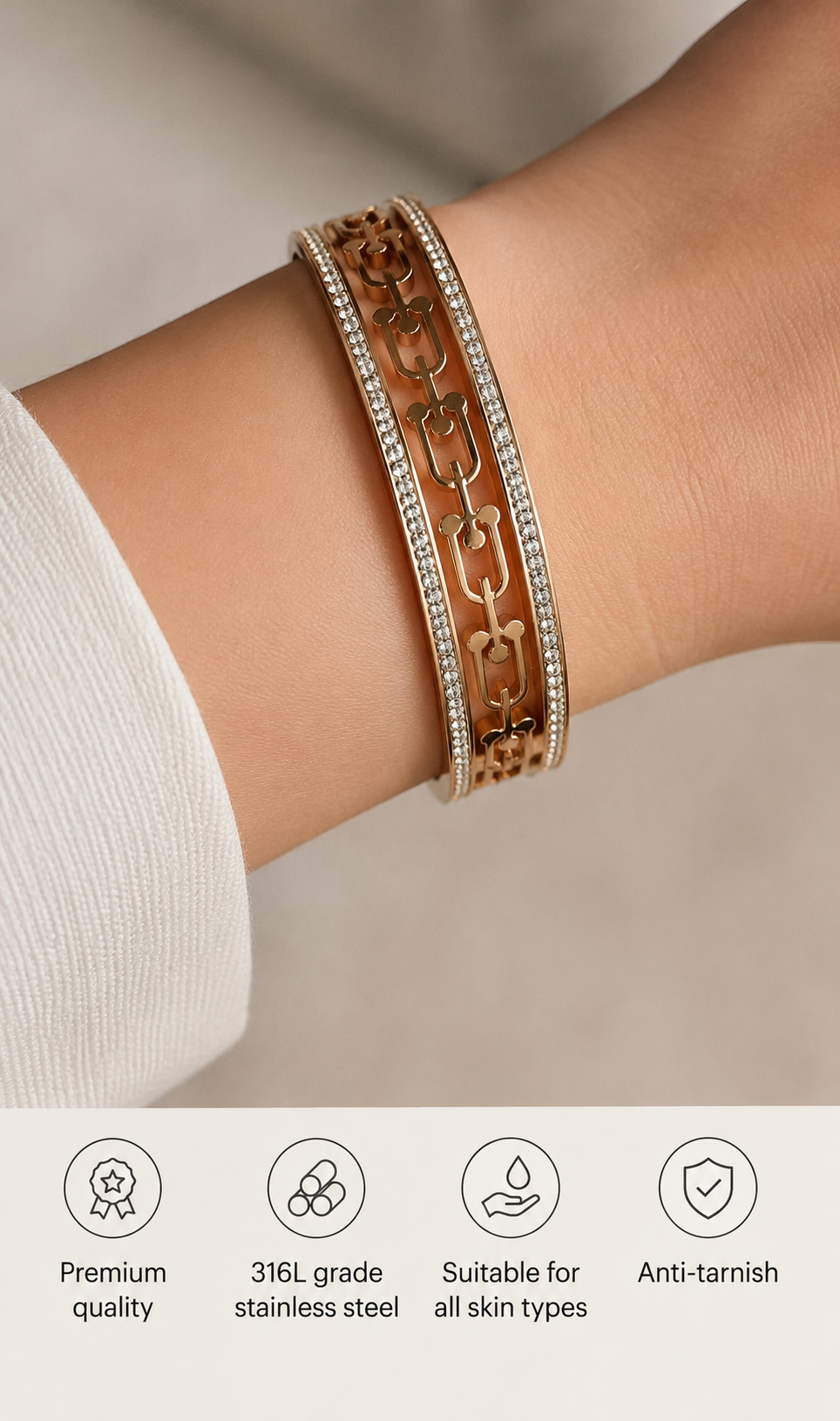Swarique Aarunya Crystal Link Kada | Rose Gold Bracelet | 316L Stainless Steel | Anti-Tarnish