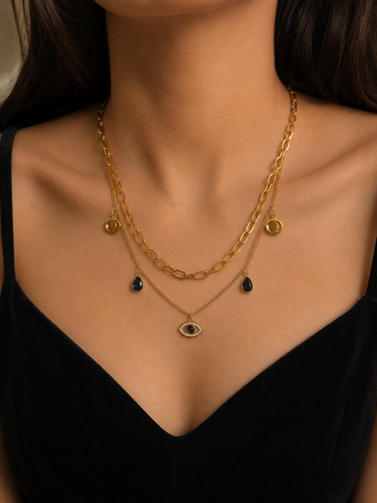 Nazar Layered Evil Eye Necklace | 316L Stainless Steel Gold-Tone Anti-Tarnish Necklace for Women