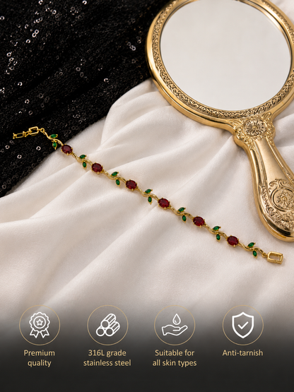 Swarique Ruby Red Crystal & Emerald Leaf Tulip Bracelet | Anti-Tarnish 316L Stainless Stee