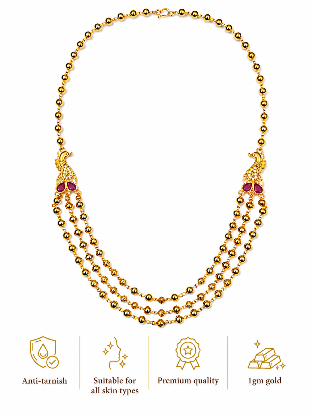 Mayurika Heritage 3 Layered Bead 1gm Gold Necklace