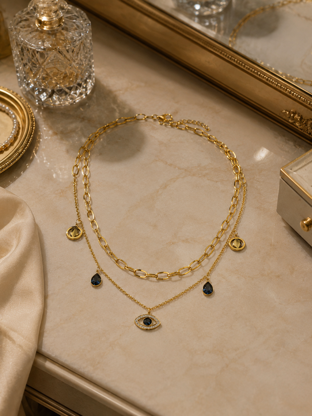Nazar Layered Evil Eye Necklace | 316L Stainless Steel Gold-Tone Anti-Tarnish Necklace for Women
