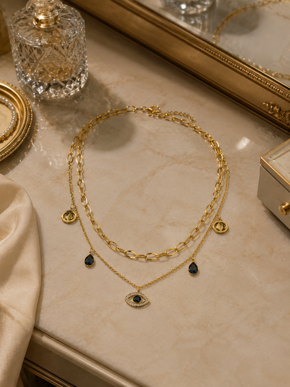 Nazar Layered Evil Eye Necklace | 316L Stainless Steel Gold-Tone Anti-Tarnish Necklace for Women