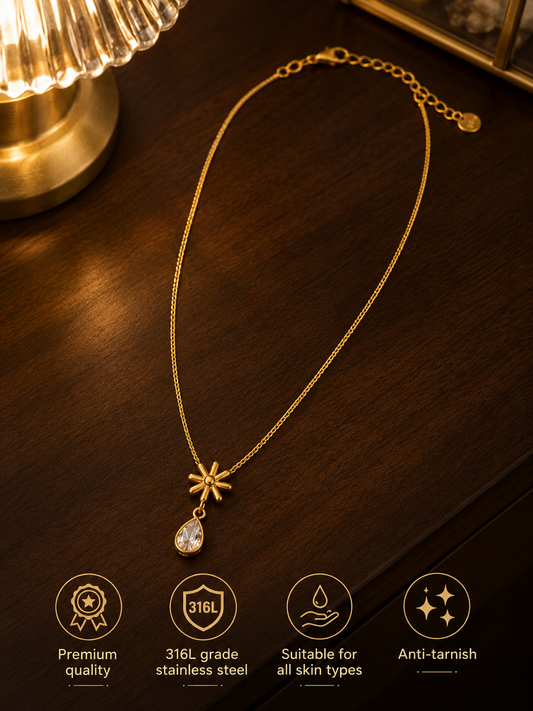 Swarique Surya Pushp Drop Pendant Necklace | 316L Stainless Steel Anti-Tarnish Gold Necklace