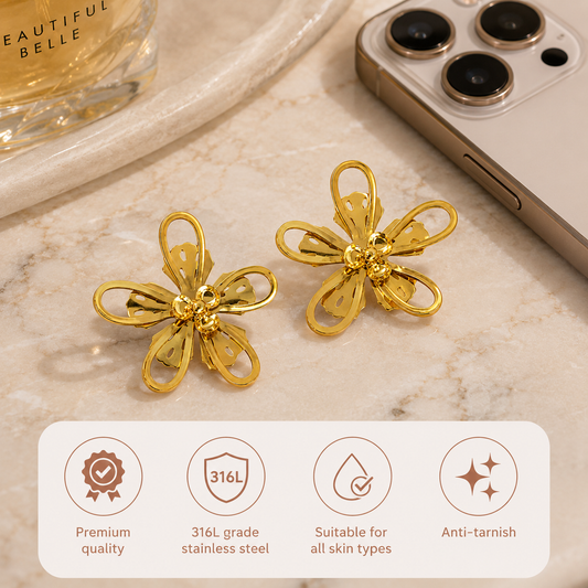 Swarique Pushpanjali Bloom Stud Earrings | Gold Floral Stainless Steel Earrings | Anti-Tarnish 316L