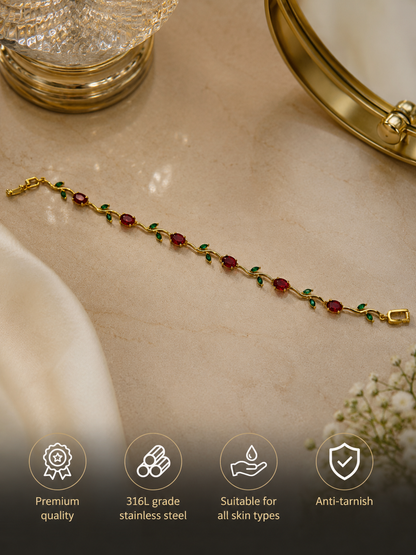 Swarique Ruby Red Crystal & Emerald Leaf Tulip Bracelet | Anti-Tarnish 316L Stainless Stee