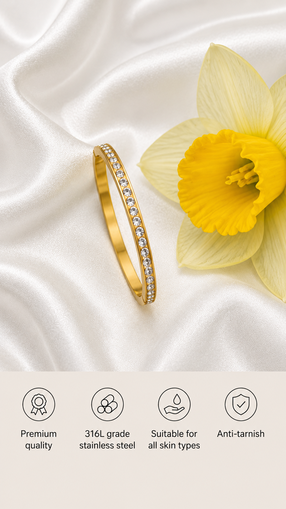 Swarique Sunehri Spark Crystal Kada | Gold Stainless Steel Bracelet | Anti-Tarnish 316L