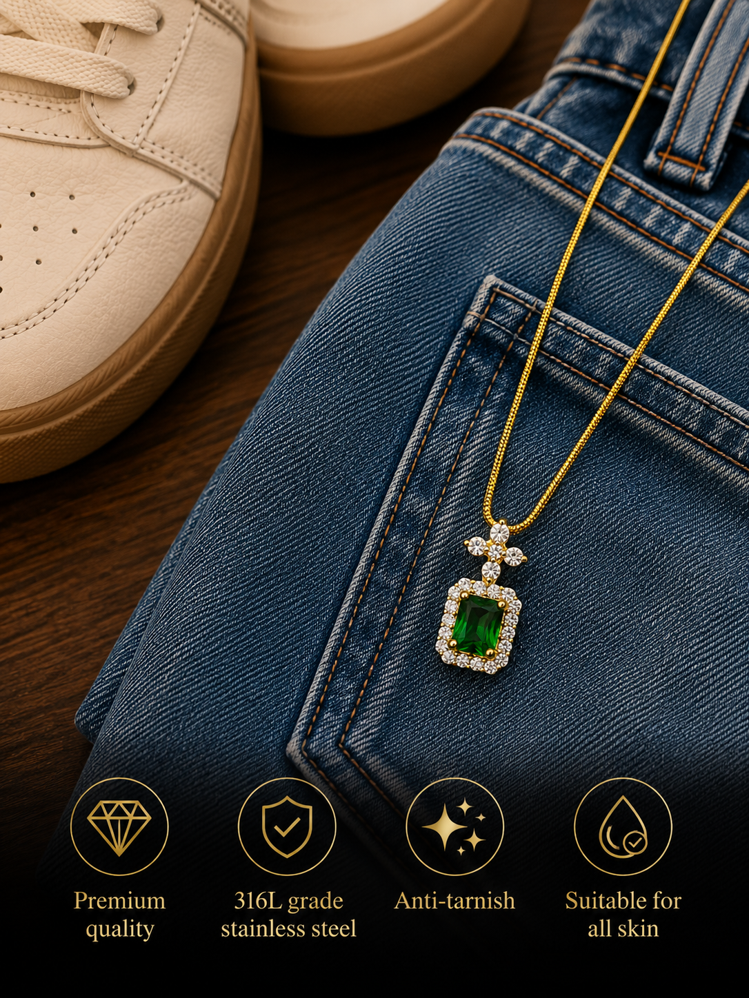 Swarique Vanya Emerald Halo Pendant Necklace