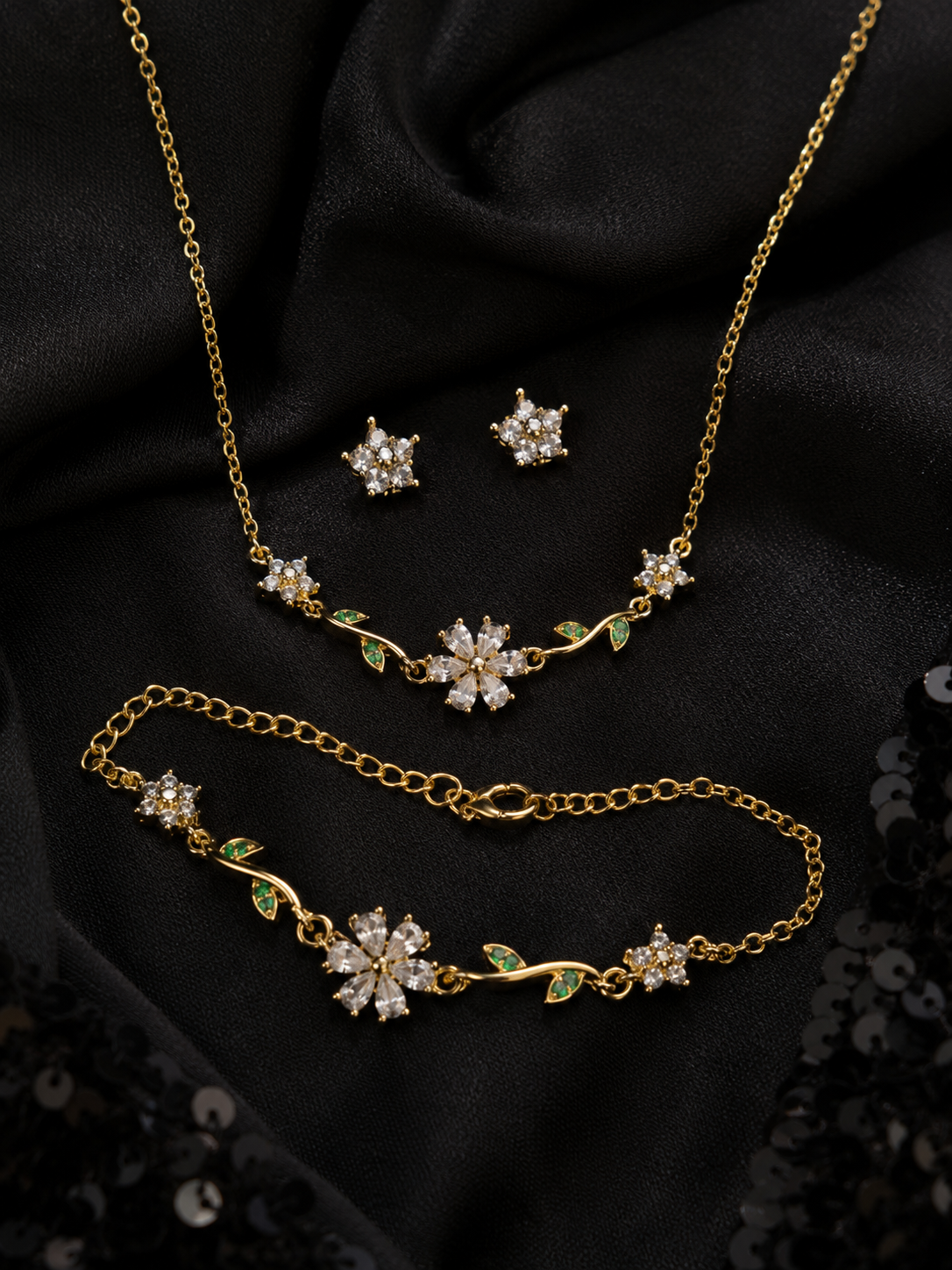 Swarique Bloom Floral Jewellery Set | White Crystal Necklace, Bracelet & Stud Earrings | Gold Finish