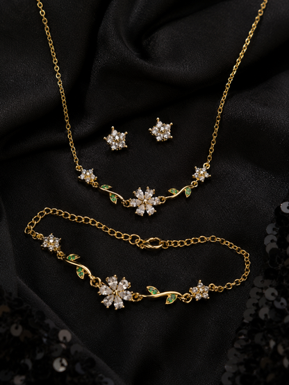 Swarique Bloom Floral Jewellery Set | White Crystal Necklace, Bracelet & Stud Earrings | Gold Finish