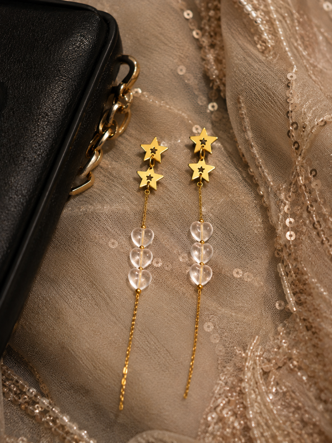 Swarique Star Heart Long Drop Earrings