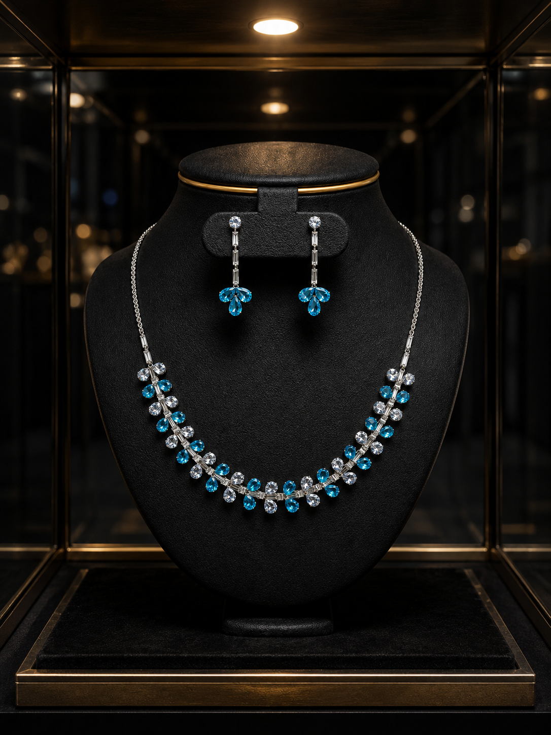 Azure Cascade Crystal Jewellery Set | Blue & White Crystal Necklace with Drop Earrings | Silver Finish