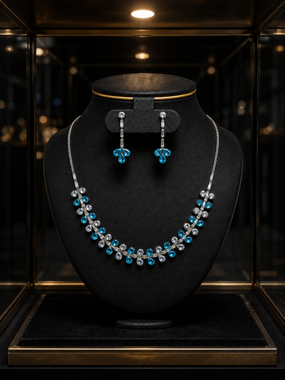 Azure Cascade Crystal Jewellery Set | Blue & White Crystal Necklace with Drop Earrings | Silver Finish