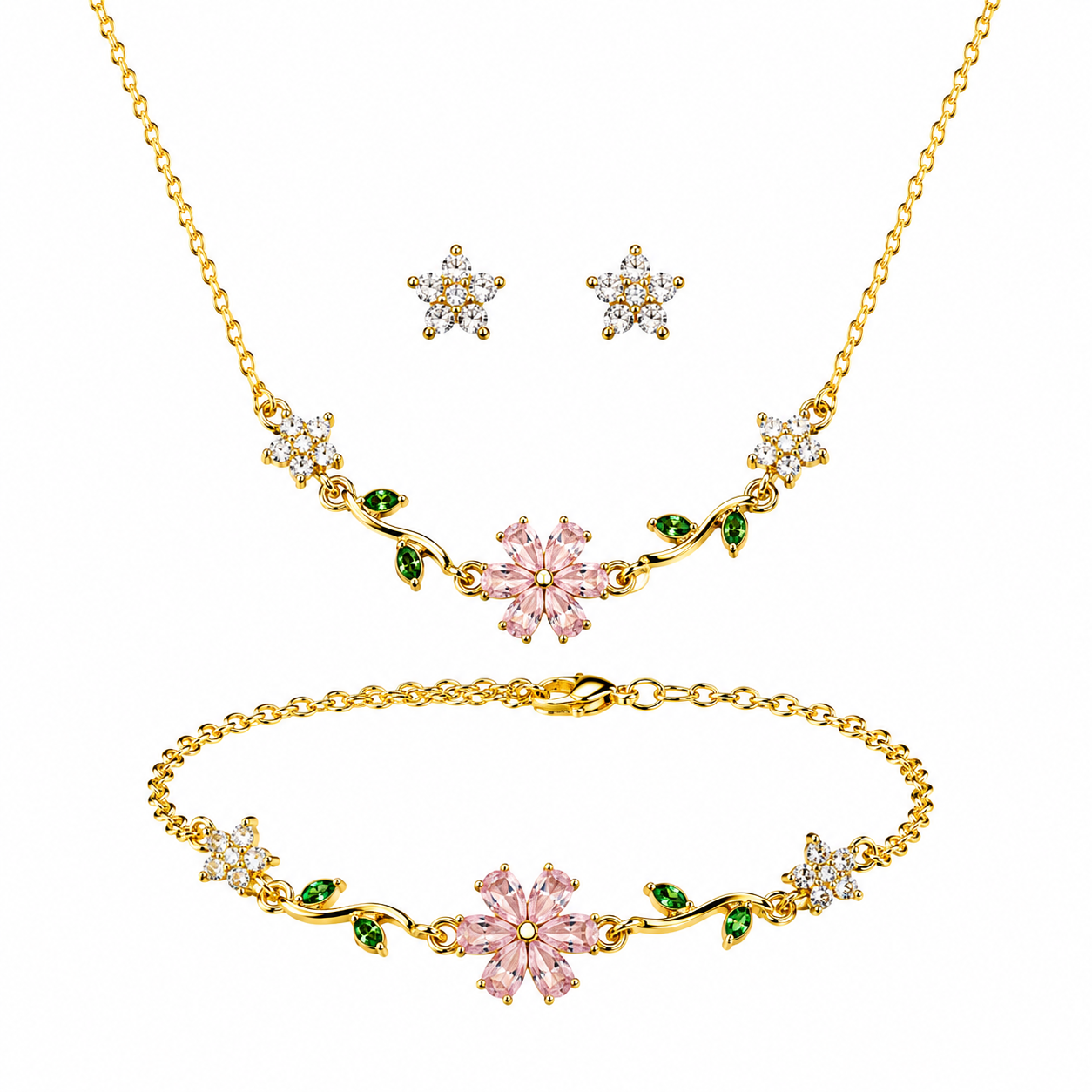 Swarique Bloom Floral Jewellery Set | Pink Crystal Necklace, Bracelet & Stud Earrings | Gold Finish