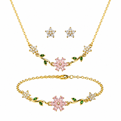 Swarique Bloom Floral Jewellery Set | Pink Crystal Necklace, Bracelet & Stud Earrings | Gold Finish