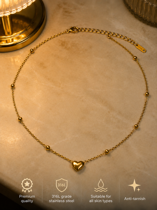 Swarique Preet Hriday Gold Heart Beaded Necklace | 316L Stainless Steel Anti-Tarnish Necklace