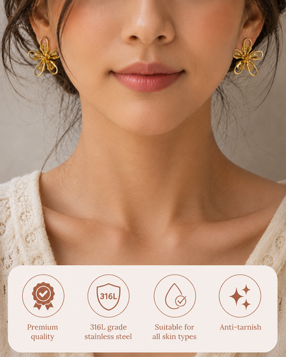 Swarique Pushpanjali Bloom Stud Earrings | Gold Floral Stainless Steel Earrings | Anti-Tarnish 316L