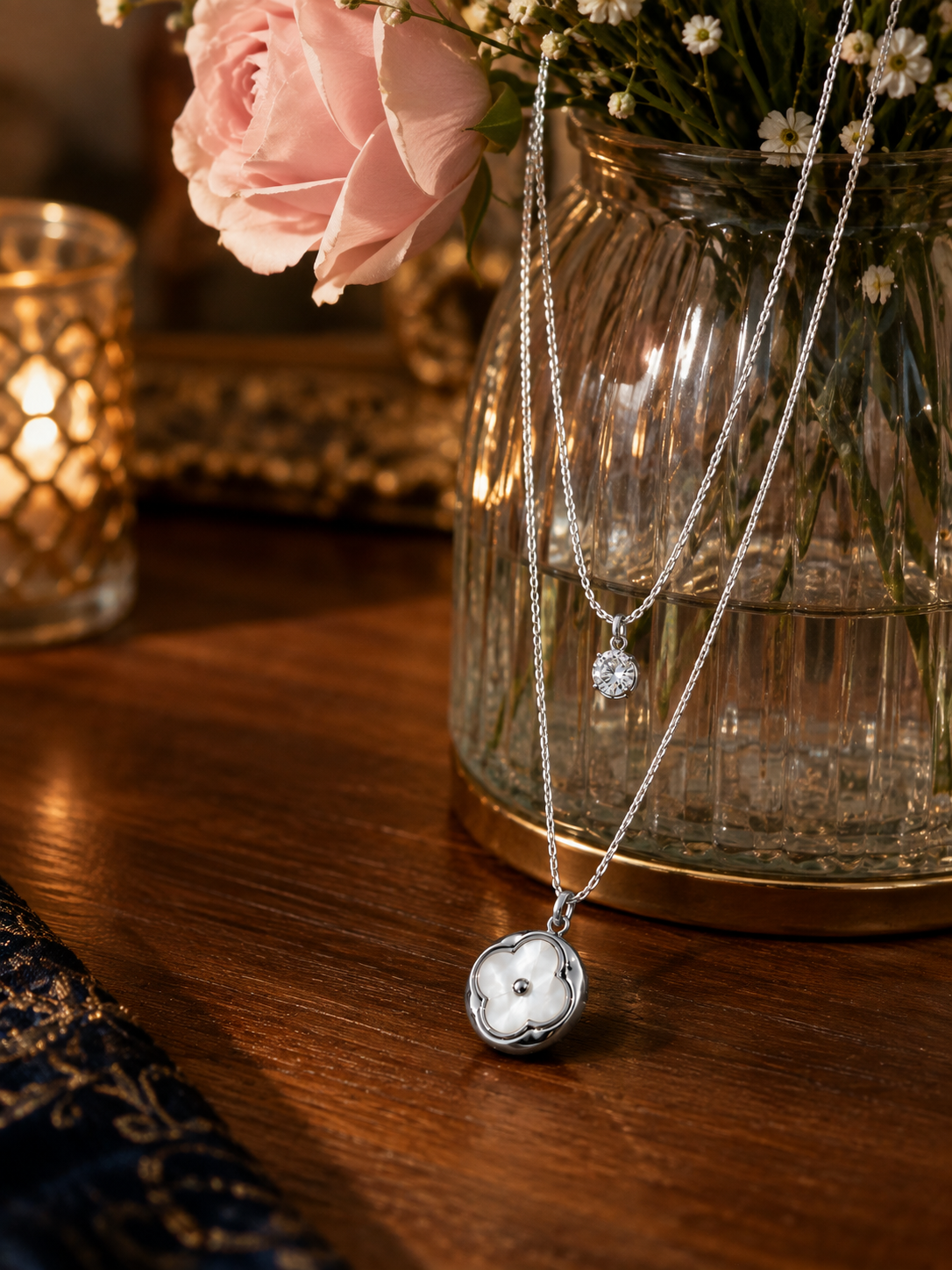 Swarique Silver Moti Bloom Layered Necklace