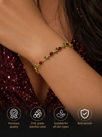Swarique Ruby Red Crystal & Emerald Leaf Tulip Bracelet | Anti-Tarnish 316L Stainless Stee