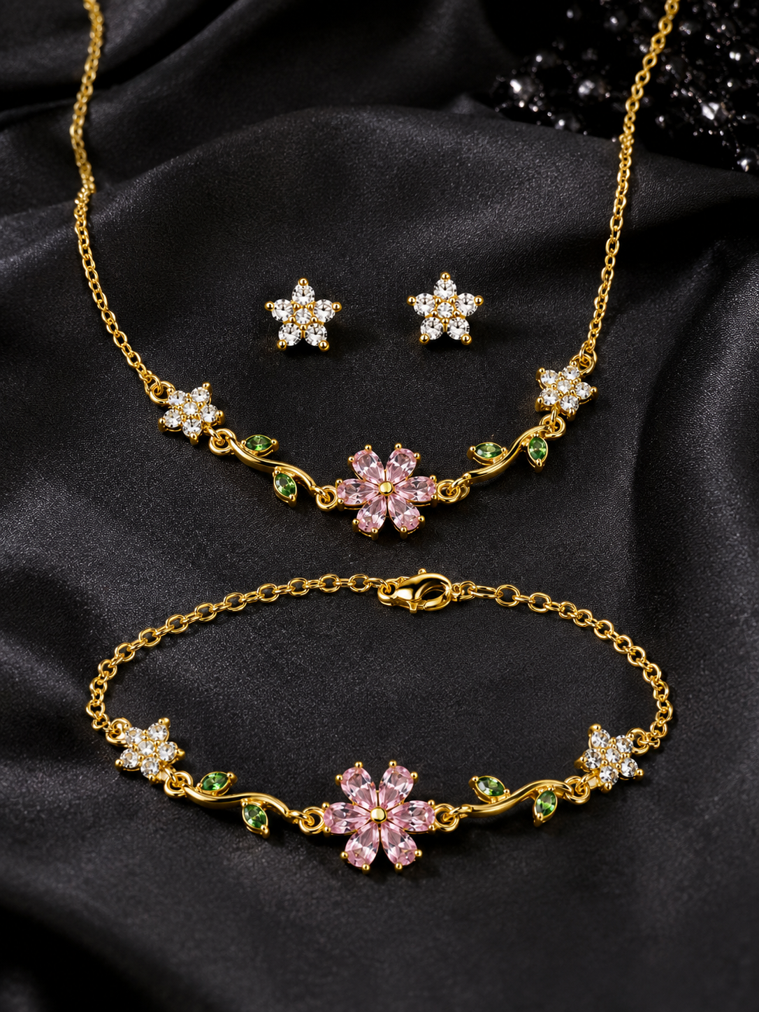 Swarique Bloom Floral Jewellery Set | Pink Crystal Necklace, Bracelet & Stud Earrings | Gold Finish