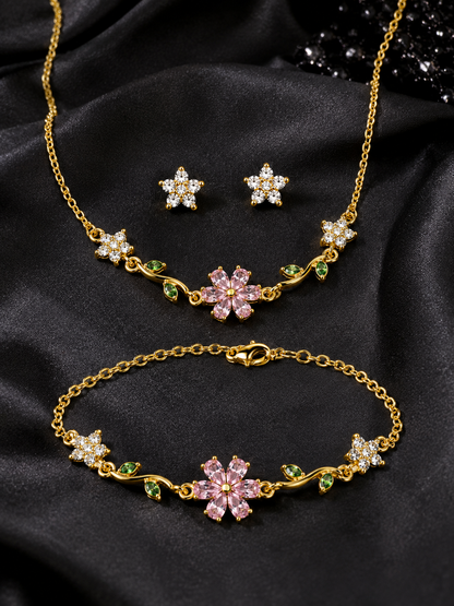 Swarique Bloom Floral Jewellery Set | Pink Crystal Necklace, Bracelet & Stud Earrings | Gold Finish