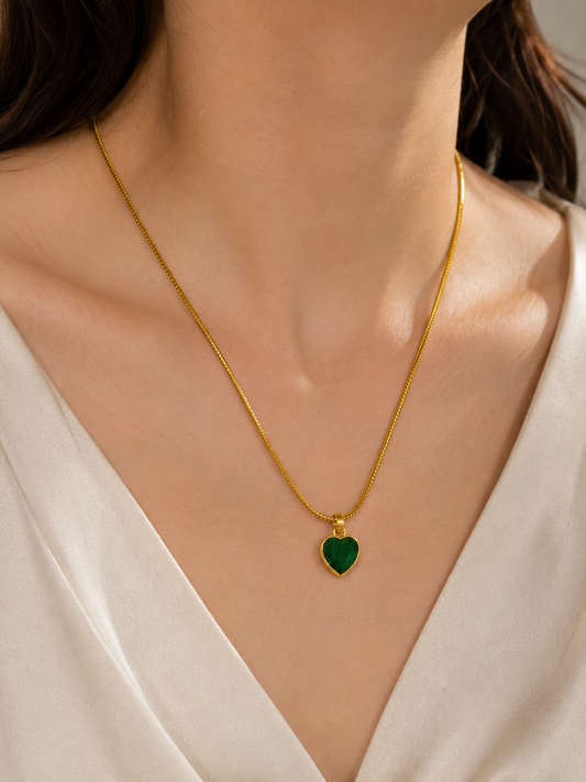Swarique Hriday Emerald Heart Pendant Necklace | Gold Stainless Steel Anti-Tarnish Chain