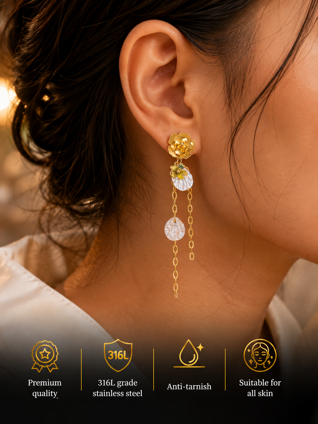 Swarique Madhulika Moti Floral Chain Earrings