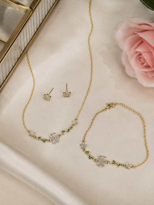 Swarique Bloom Floral Jewellery Set | White Crystal Necklace, Bracelet & Stud Earrings | Gold Finish
