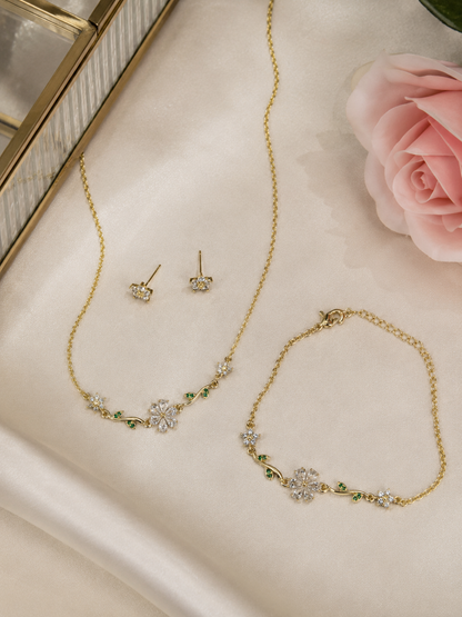 Swarique Bloom Floral Jewellery Set | White Crystal Necklace, Bracelet & Stud Earrings | Gold Finish