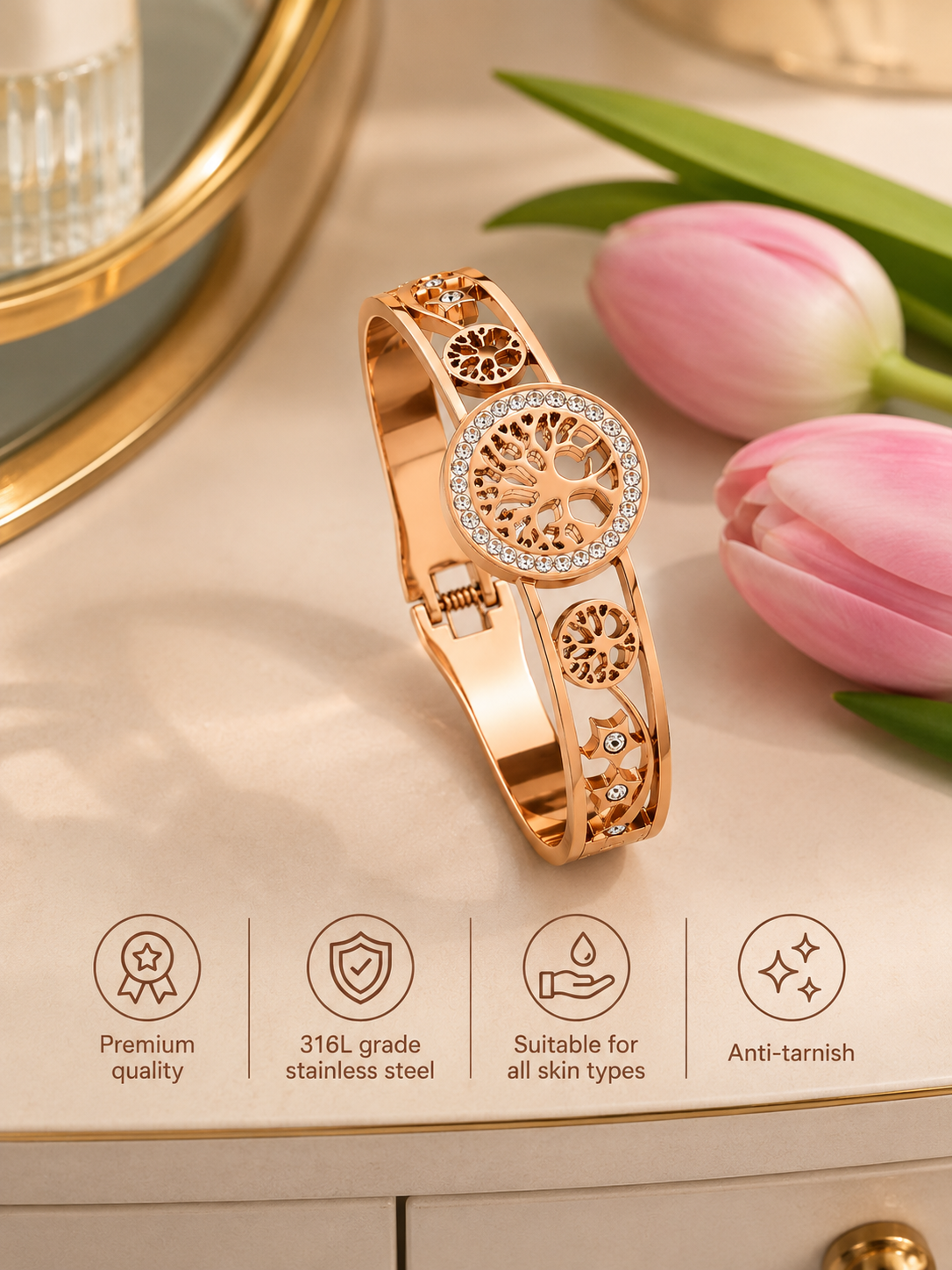 Swarique Vriksha Aura Crystal Bracelet – Rose Gold Plated | 316L Stainless Steel
